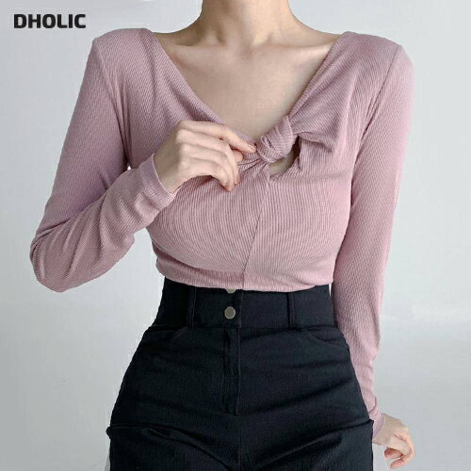 ノットリブTシャツ・t67172 レディース 【tops】トップス Tシャツ 長袖 リブ ピンク ツイスト カットアウト セクシー 露出 肌見せ デコルテ 鎖骨 カジュアル 大人 クロップド丈 春 秋 ワンホン 韓国ファッション