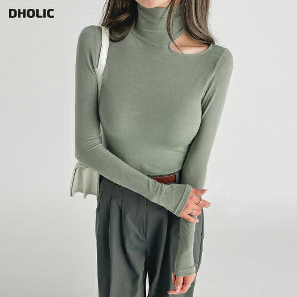 テンセル混スリットハイネックTシャツ・t68544 レディース 【tops】トップス Tシャツ 長袖 ロンT カットアウト テンセル ハイネック 単色 無地 シンプル カジュアル スリム タイト 緑 グリーン デコルテ プルオーバー 春 秋 韓国ファッション 人気