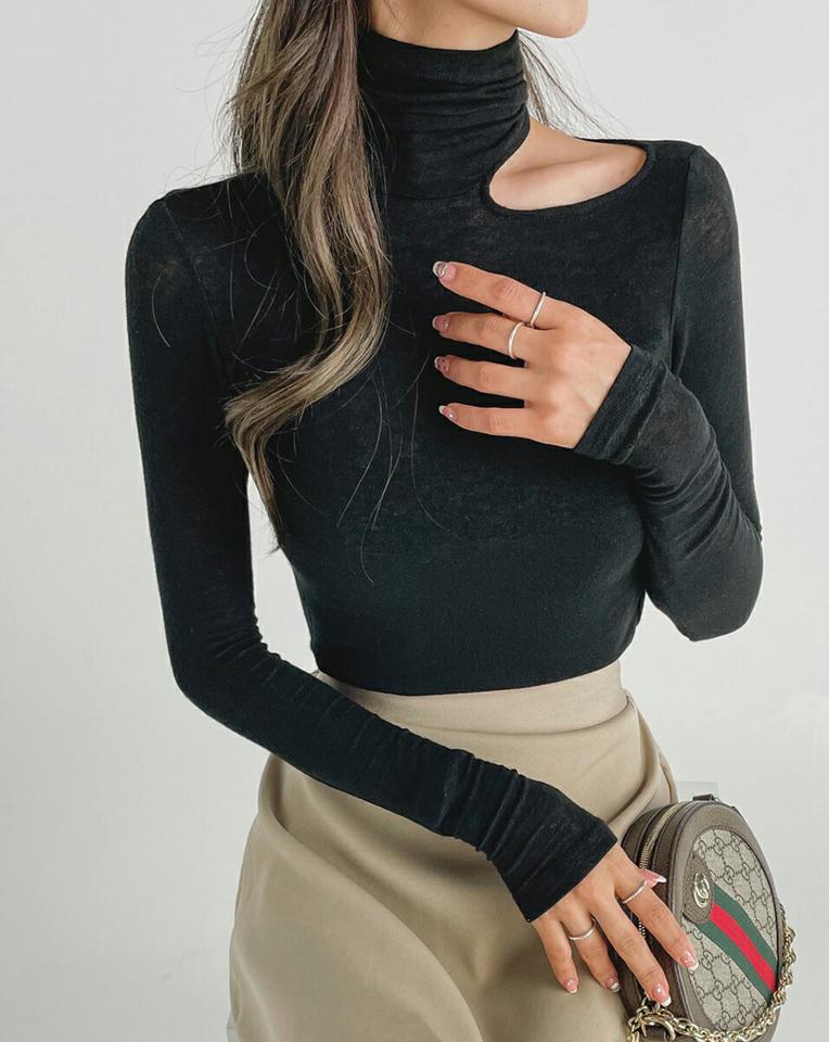 テンセル混スリットハイネックTシャツ・t68544 レディース 【tops】トップス Tシャツ 長袖 ロンT カットアウト テンセル ハイネック 単色 無地 シンプル カジュアル スリム タイト 緑 グリーン デコルテ プルオーバー 春 秋 韓国ファッション 人気