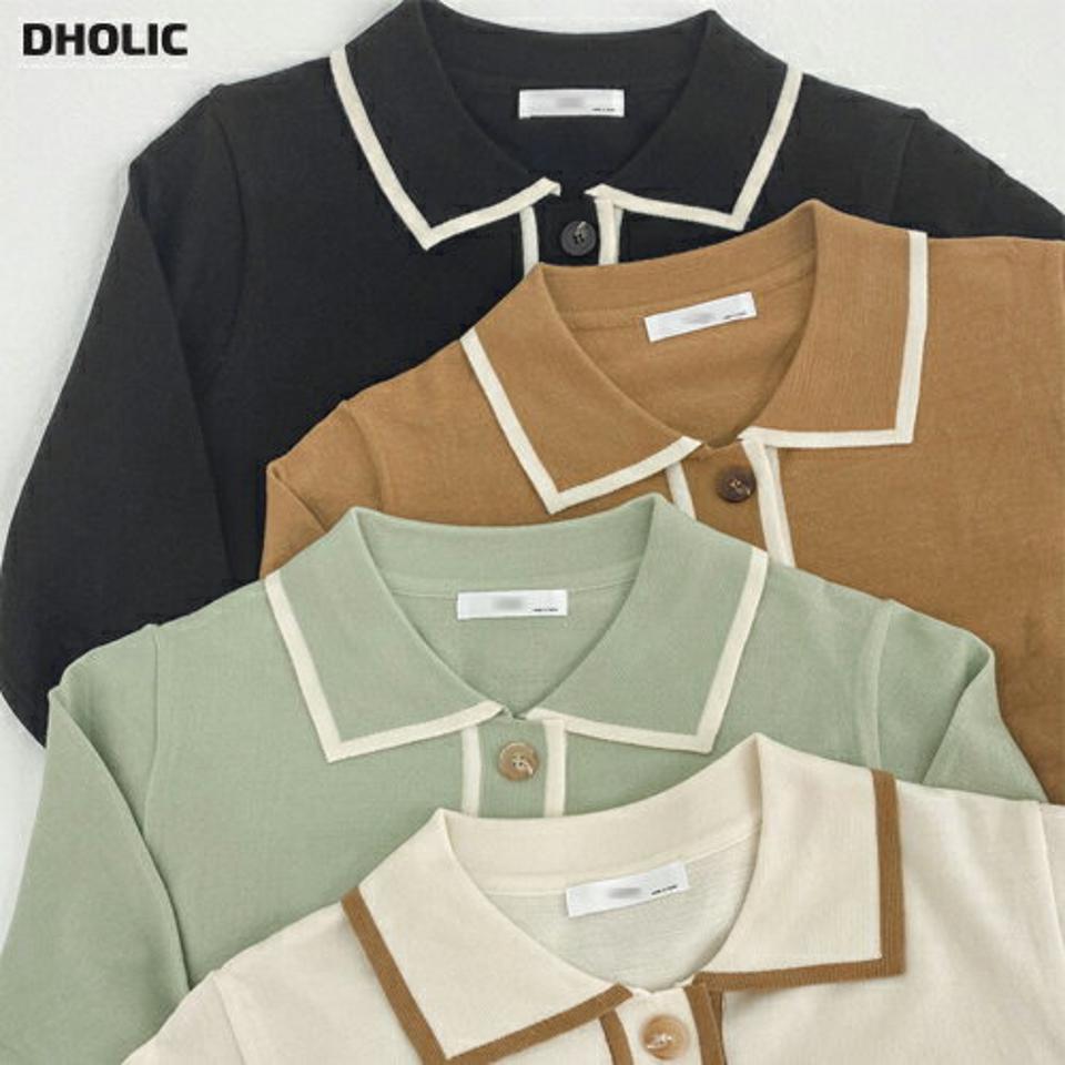 配色ポロカラーニット・t68549 レディース 【tops】トップス ニット 年上 ポロ襟 ニットポロ 配色 カラーニット 長袖 シンプル 大人 カジュアル クロップド丈 黄緑 春 秋 韓国ファッション 人気
