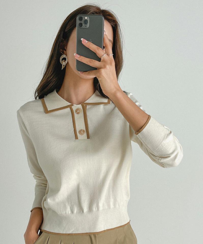 配色ポロカラーニット・t68549 レディース 【tops】トップス ニット 年上 ポロ襟 ニットポロ 配色 カラーニット 長袖 シンプル 大人 カジュアル クロップド丈 黄緑 春 秋 韓国ファッション 人気