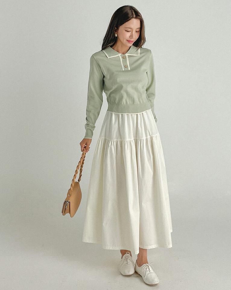 配色ポロカラーニット・t68549 レディース 【tops】トップス ニット 年上 ポロ襟 ニットポロ 配色 カラーニット 長袖 シンプル 大人 カジュアル クロップド丈 黄緑 春 秋 韓国ファッション 人気