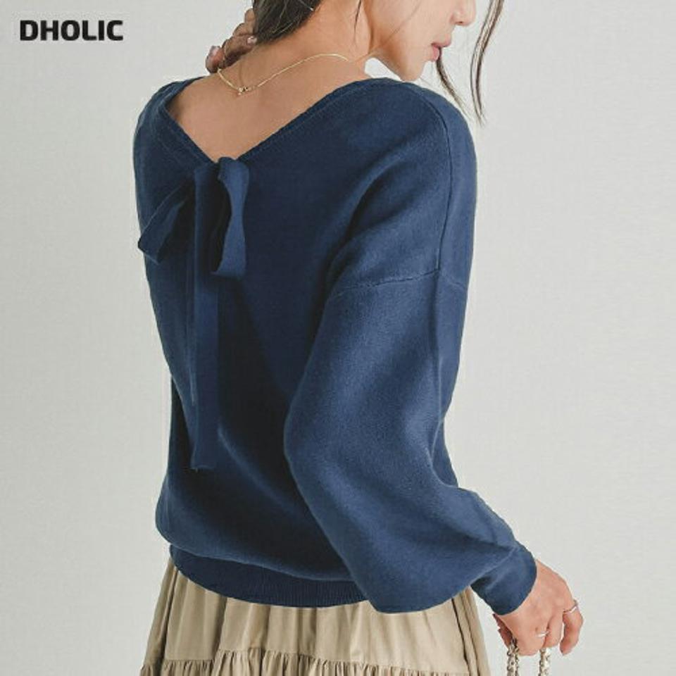 2WAYリボンVネックパフニット・b68551 レディース 【tops】トップス ニット 長袖 パフスリーブ ボリューム袖 バックリボン りぼん Vネック 前後着用自由 ドロップショルダー 単色 カラーニット 青 春 秋 韓国ファッション