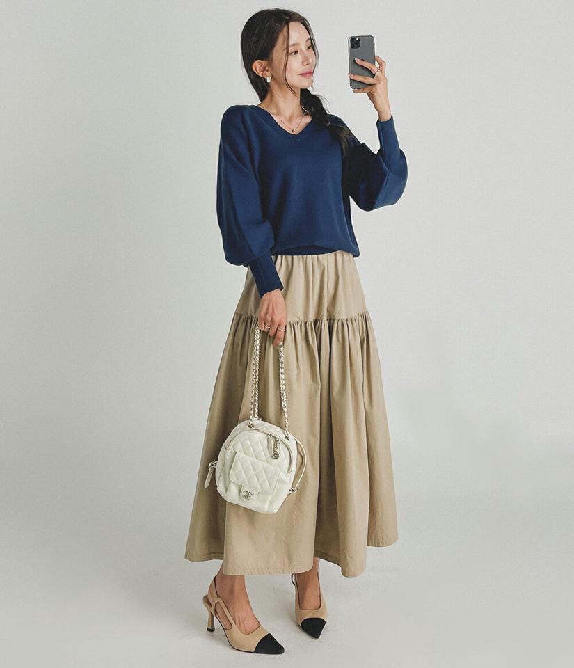 2WAYリボンVネックパフニット・b68551 レディース 【tops】トップス ニット 長袖 パフスリーブ ボリューム袖 バックリボン りぼん Vネック 前後着用自由 ドロップショルダー 単色 カラーニット 青 春 秋 韓国ファッション