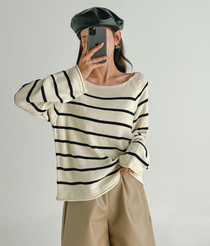 ボートネックボーダーニット・t68550 レディース 【tops】トップス ニット 長袖 ボーダー柄 ボートネック カジュアル シンプル ルーズ ゆったり ラグランスリーブ デコルテ 鎖骨 フレンチ 春 秋 韓国ファッション 人気