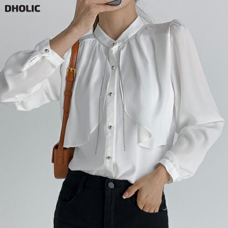 【マラソン特価】チェーンラッフルブラウス・t01713 レディース 【bl】トップス ブラウス 長袖 ラッフル フリル フェミニン 大人 きれいめ 上品 バンドカラー チェーン パフスリーブ 白 ホワイト デコラティブ 春 秋 韓国ファッション 人気 セール