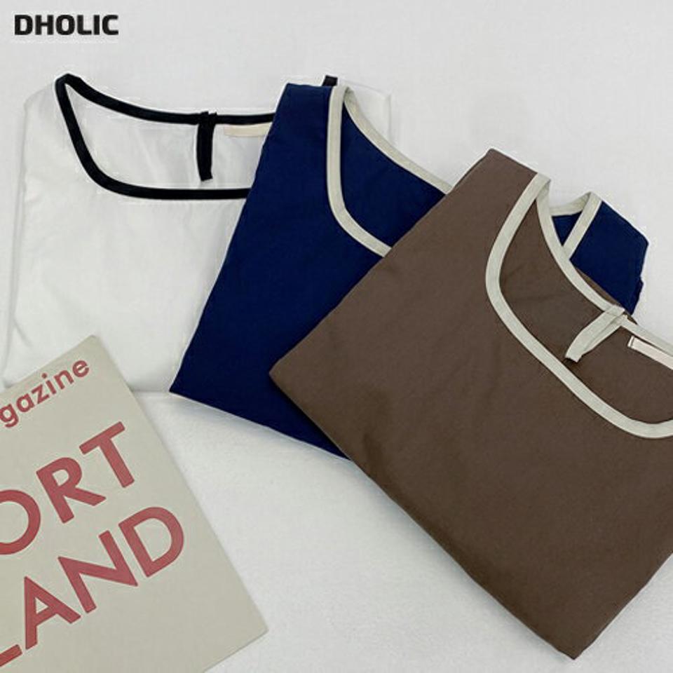 配色ラインブラウス・t01716 レディース 【bl】トップス ブラウス 長袖 配色 ライン シンプル パフスリーブ スリット コットン 綿 ブラウン 茶色 大人 かわいい 可愛い 春 秋 韓国ファッション