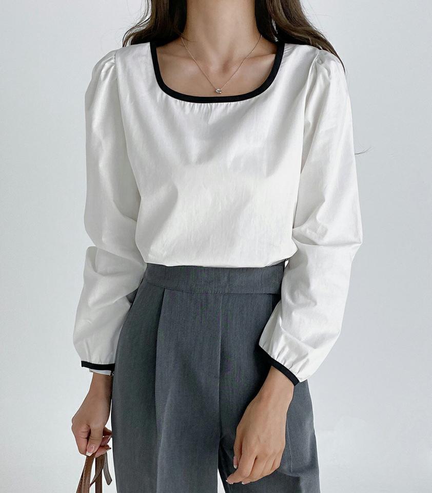 配色ラインブラウス・t01716 レディース 【bl】トップス ブラウス 長袖 配色 ライン シンプル パフスリーブ スリット コットン 綿 ブラウン 茶色 大人 かわいい 可愛い 春 秋 韓国ファッション