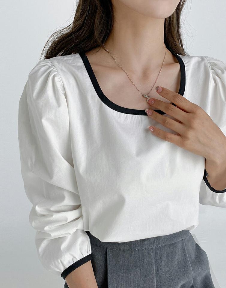 配色ラインブラウス・t01716 レディース 【bl】トップス ブラウス 長袖 配色 ライン シンプル パフスリーブ スリット コットン 綿 ブラウン 茶色 大人 かわいい 可愛い 春 秋 韓国ファッション