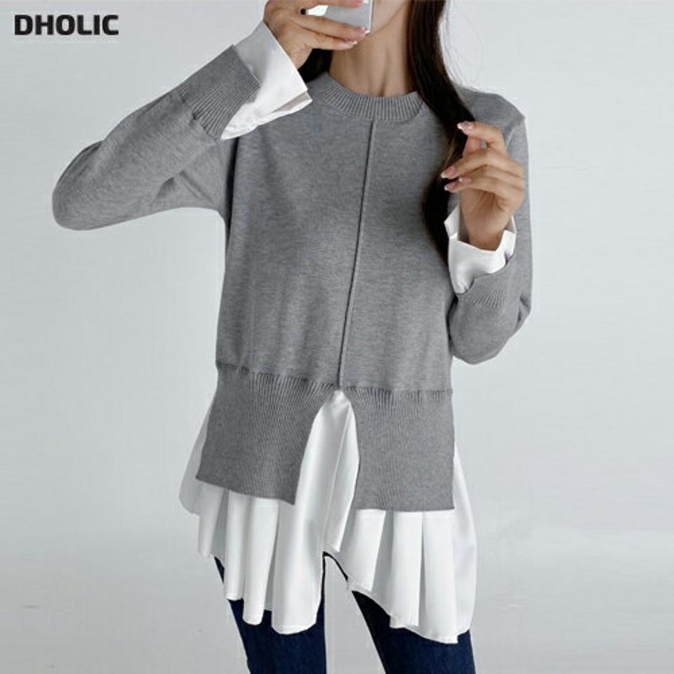 配色スリットヘムニット・b01719 レディース 【tops】トップス ニット 長袖 スリット カジュアル ユニーク レイヤード風 フリル ラッフル アンバランス グレー 春 秋 異素材ミックス バイカラー プルオーバー チュニック インしない 韓国ファッション