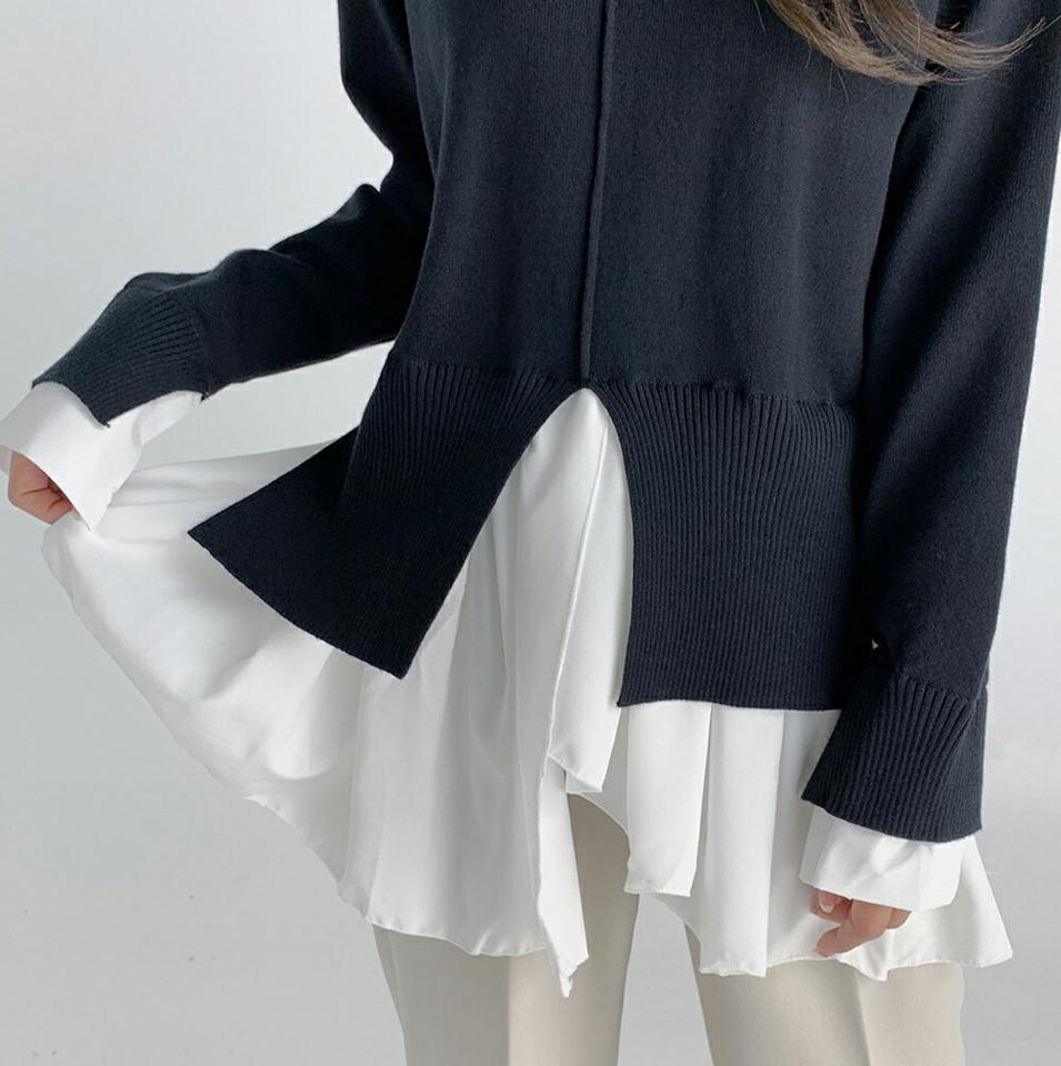 配色スリットヘムニット・b01719 レディース 【tops】トップス ニット 長袖 スリット カジュアル ユニーク レイヤード風 フリル ラッフル アンバランス グレー 春 秋 異素材ミックス バイカラー プルオーバー チュニック インしない 韓国ファッション