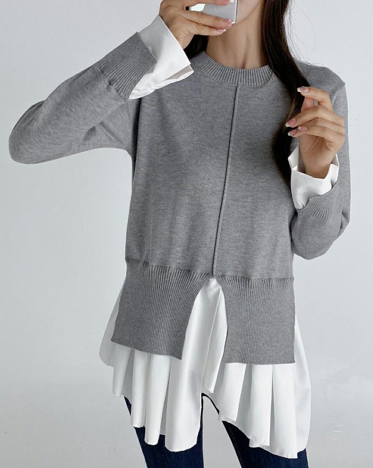 配色スリットヘムニット・b01719 レディース 【tops】トップス ニット 長袖 スリット カジュアル ユニーク レイヤード風 フリル ラッフル アンバランス グレー 春 秋 異素材ミックス バイカラー プルオーバー チュニック インしない 韓国ファッション