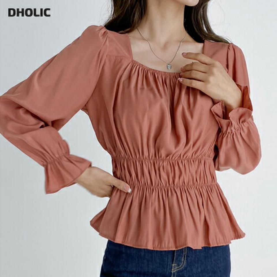 シャーリングスクエアネックブラウス・t01715 レディース 【bl】トップス ブラウス 長袖 スクエアネック シャーリング くしゅくしゅ ウエストゴム ペプラム パフスリーブ ピンク 大人 フェミニン かわいい インしない 春 秋 韓国ファッション