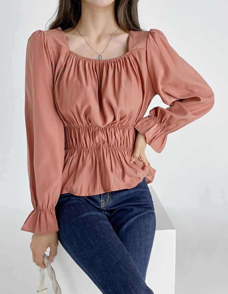 シャーリングスクエアネックブラウス・t01715 レディース 【bl】トップス ブラウス 長袖 スクエアネック シャーリング くしゅくしゅ ウエストゴム ペプラム パフスリーブ ピンク 大人 フェミニン かわいい インしない 春 秋 韓国ファッション