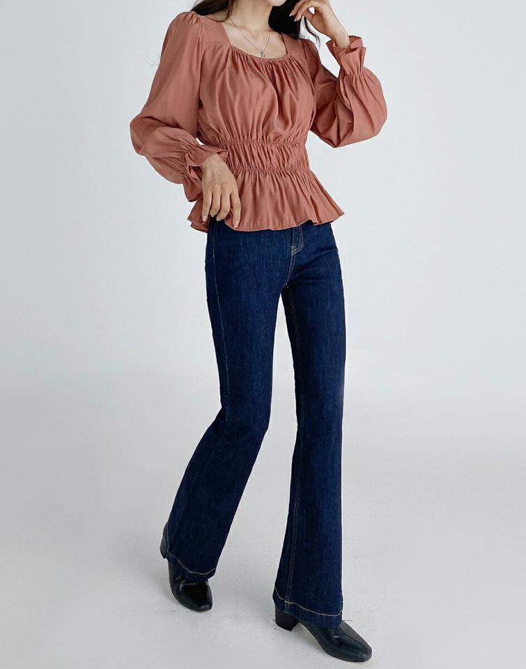 シャーリングスクエアネックブラウス・t01715 レディース 【bl】トップス ブラウス 長袖 スクエアネック シャーリング くしゅくしゅ ウエストゴム ペプラム パフスリーブ ピンク 大人 フェミニン かわいい インしない 春 秋 韓国ファッション