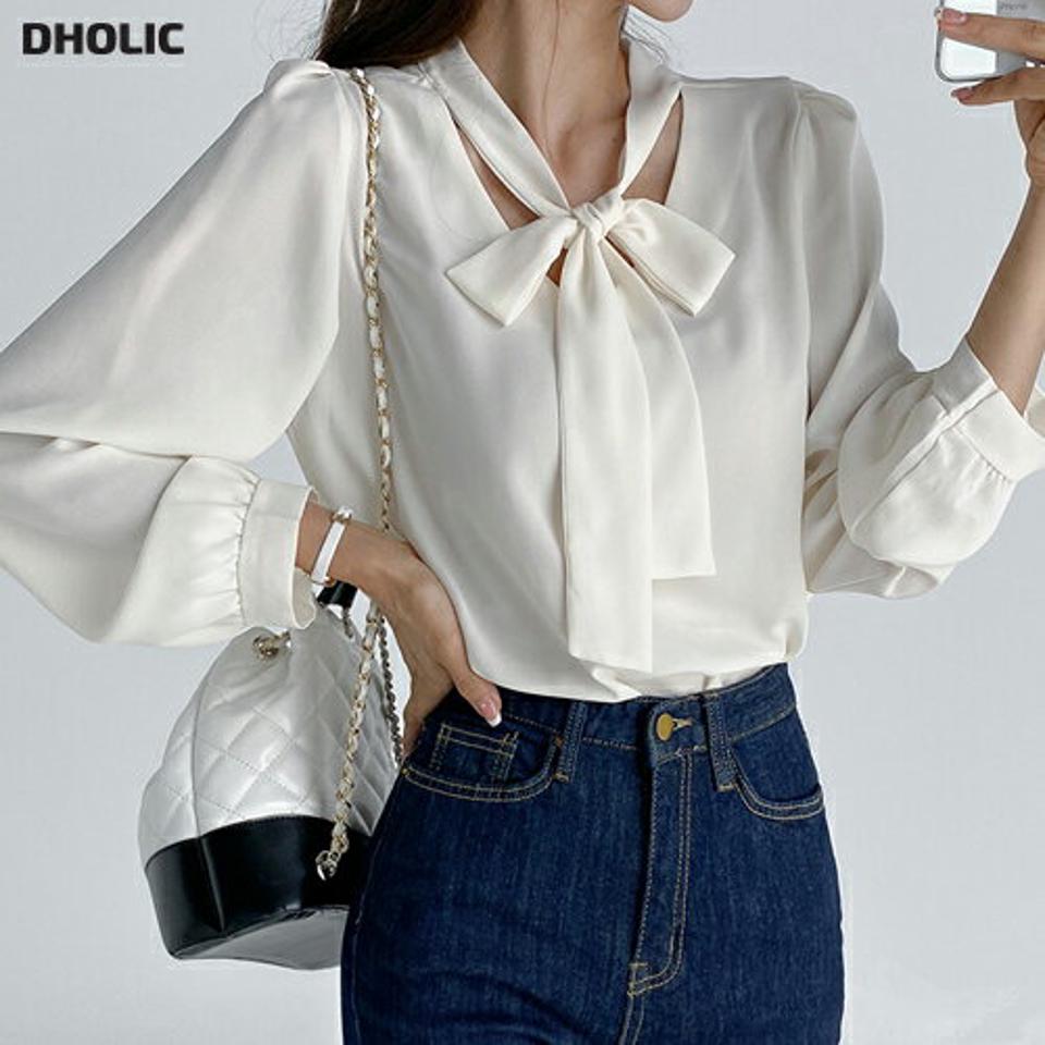リボンVネックブラウス・t01714 レディース 【bl】トップス ブラウス 長袖 ボウタイ りぼん Vネック 襟コン 単色 無地 大人 フェミニン きれいめ オフィス ツヤ 光沢 パフスリーブ とろみ 白 ホワイト 春 秋 韓国ファッション