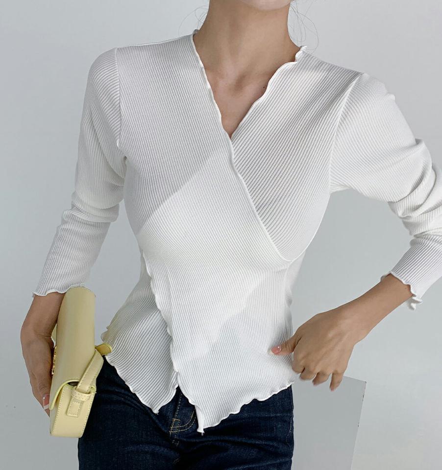 クロスリブTシャツ・t01706 レディース 【tops】トップス Tシャツ 長袖 リブトップス クロス 大人 きれいめ スリム 単色 無地 シンプル ベージュ Vネック インしない 春 秋 韓国ファッション 人気