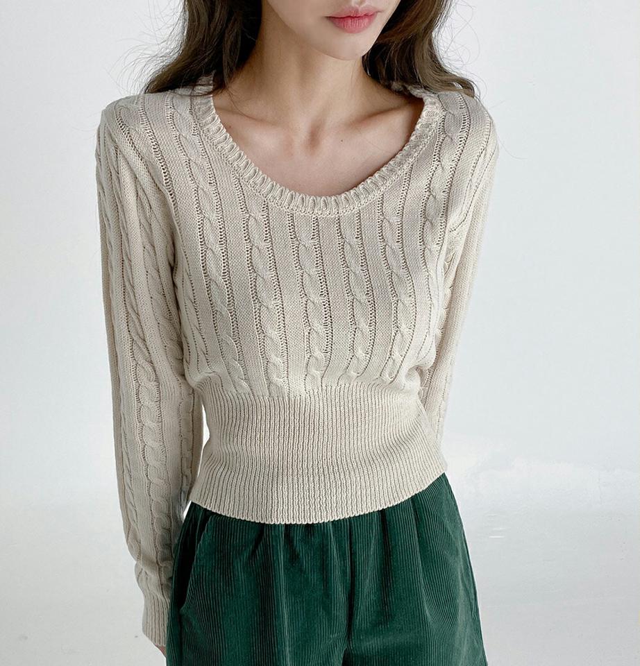 Uネックケーブルニット・t01718 レディース 【tops】トップス ニット ケーブル編み ケーブルニット Uネック カラーニット ピンク 長袖 単色 シンプル カジュアル 無地 ラフ パステル アクリル 春 秋 冬 韓国ファッション 人気