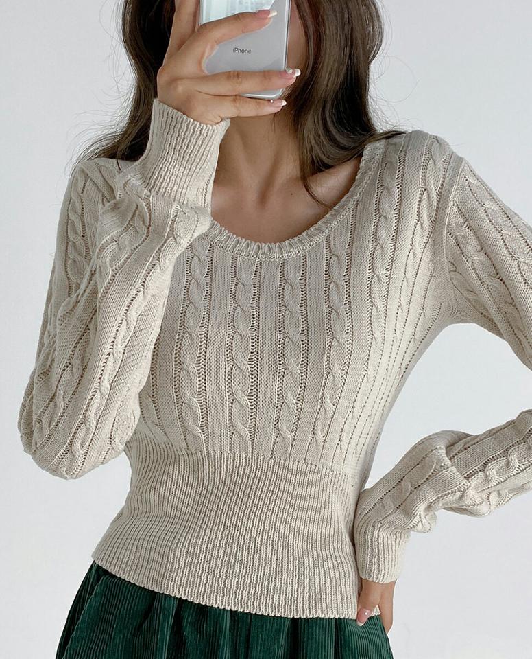 Uネックケーブルニット・t01718 レディース 【tops】トップス ニット ケーブル編み ケーブルニット Uネック カラーニット ピンク 長袖 単色 シンプル カジュアル 無地 ラフ パステル アクリル 春 秋 冬 韓国ファッション 人気