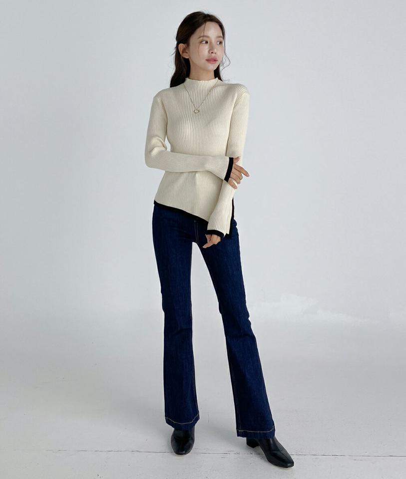 配色アシメヘムリブニット・b01717 レディース 【tops】トップス ニット 長袖 大人 配色 アシメ スリット リブ ハーフネック 大人 年上 きれいめ カジュアル スリム インしない 春 秋 冬 韓国ファッション