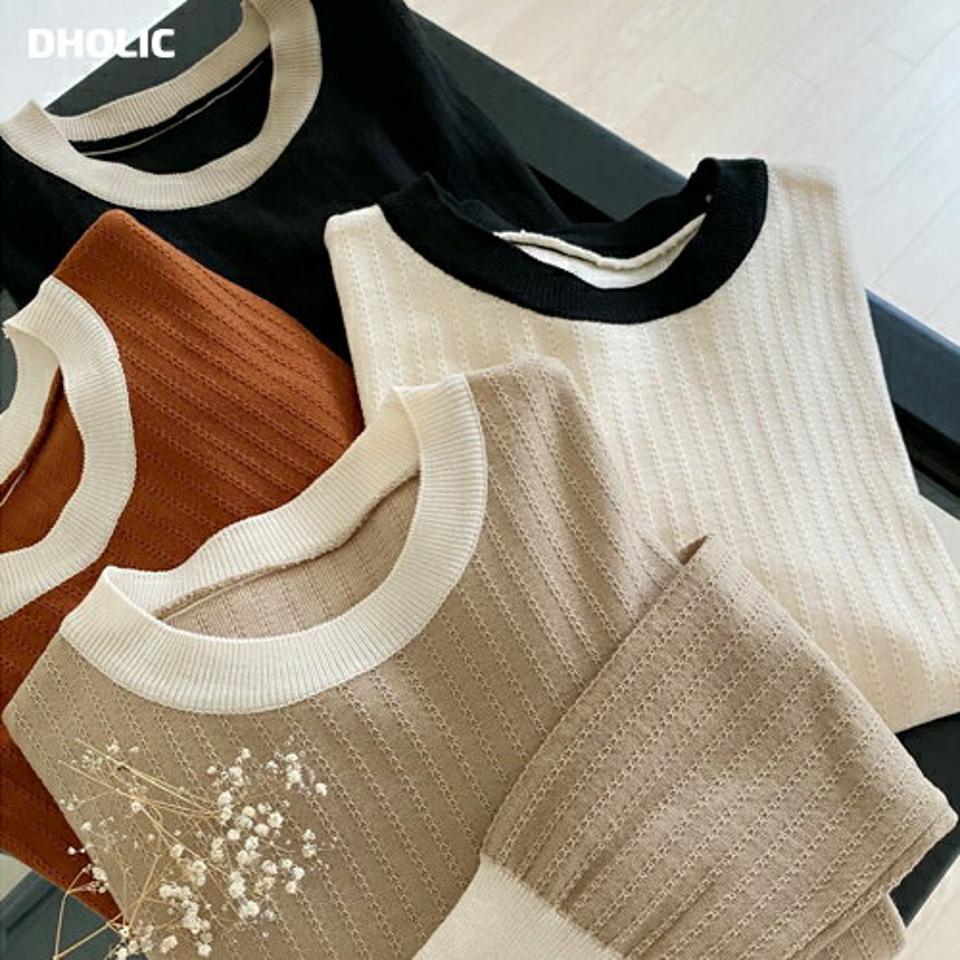 配色パフスリーブニット・b47742 レディース 【tops】トップス ニット 長袖 配色 バイカラー パフスリーブ パフ袖 リブ 秋 冬 フェミニン オフィスカジュアル かわいい 可愛い モノトーン カラーニット 白 黒 韓国ファッション ハイホリHIHOLLI 人気