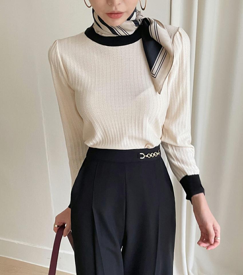 配色パフスリーブニット・b47742 レディース 【tops】トップス ニット 長袖 配色 バイカラー パフスリーブ パフ袖 リブ 秋 冬 フェミニン オフィスカジュアル かわいい 可愛い モノトーン カラーニット 白 黒 韓国ファッション ハイホリHIHOLLI 人気