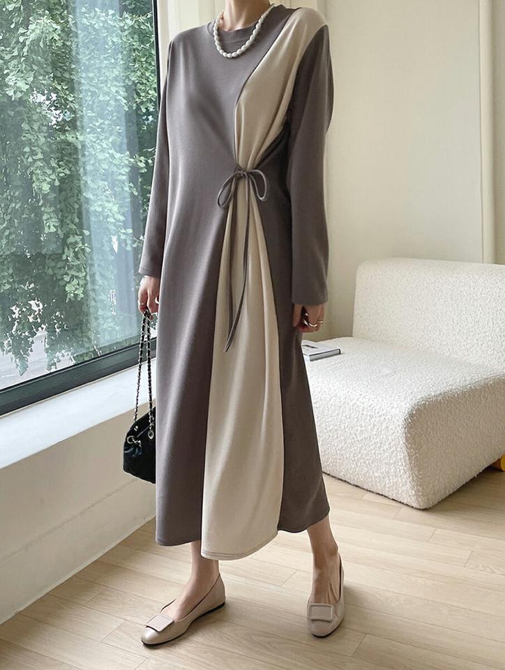 【SUPER SALE】配色リボンワンピース・b47741 レディース 【ops】ワンピース ロング丈 長袖 配色 柄 模様 りぼん リボン ユニーク 体型カバー ゆったり 楽ちん ラフ ワンマイルウェア バイカラー 秋 冬 フェミニン カジュアル 韓国ファッション HIHOLLI 人気