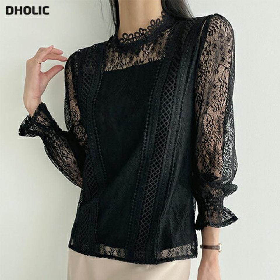 シースルー花柄レースブラウス・b72645 レディース 【bl】ブラウス トップス 長袖 柄 模様 花柄 フラワー レース 単色 透け感 シースルー シアー かわいい 可愛い キュート ラブリー 秋 冬 春 フェミニン 黒 韓国ファッション ハイホリHIHOLLI
