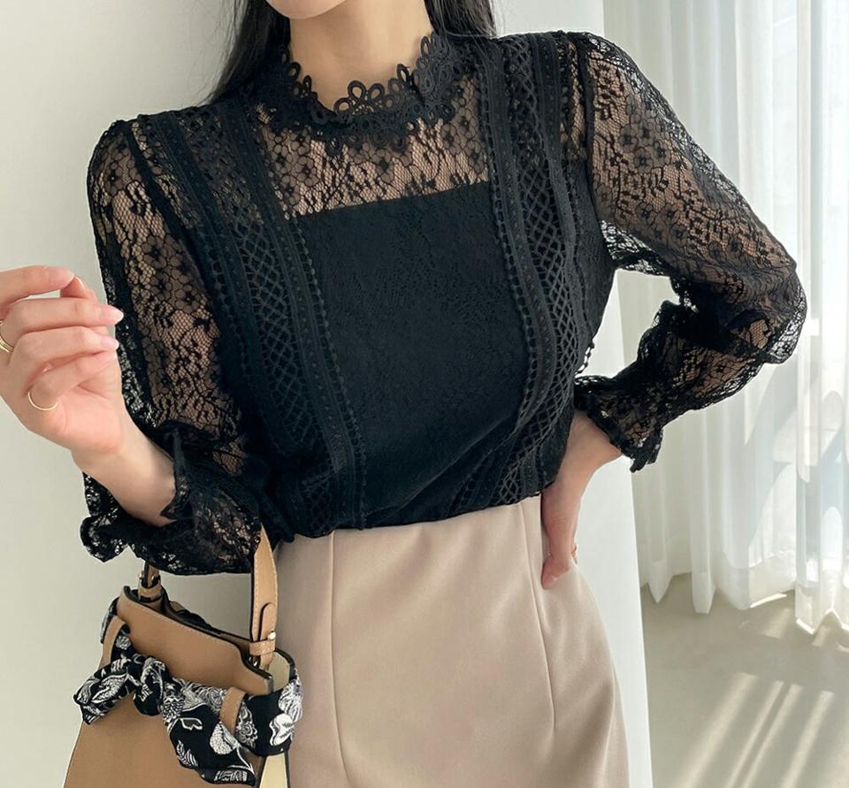 シースルー花柄レースブラウス・b72645 レディース 【bl】ブラウス トップス 長袖 柄 模様 花柄 フラワー レース 単色 透け感 シースルー シアー かわいい 可愛い キュート ラブリー 秋 冬 春 フェミニン 黒 韓国ファッション ハイホリHIHOLLI
