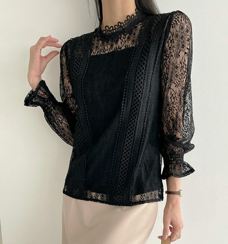 シースルー花柄レースブラウス・b72645 レディース 【bl】ブラウス トップス 長袖 柄 模様 花柄 フラワー レース 単色 透け感 シースルー シアー かわいい 可愛い キュート ラブリー 秋 冬 春 フェミニン 黒 韓国ファッション ハイホリHIHOLLI