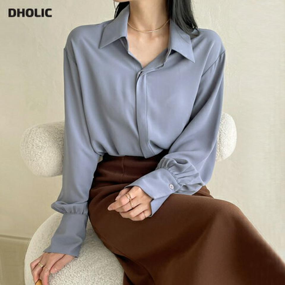 ギャザーカラーブラウス・b72643 レディース 【bl】ブラウス トップス 長袖 単色 無地 シンプル ベーシック 襟 えり ギャザー 上品 オフィスカジュアル きれいめ 大人 かわいい 可愛い 青 ブルー 韓国ファッション ハイホリHIHOLLI