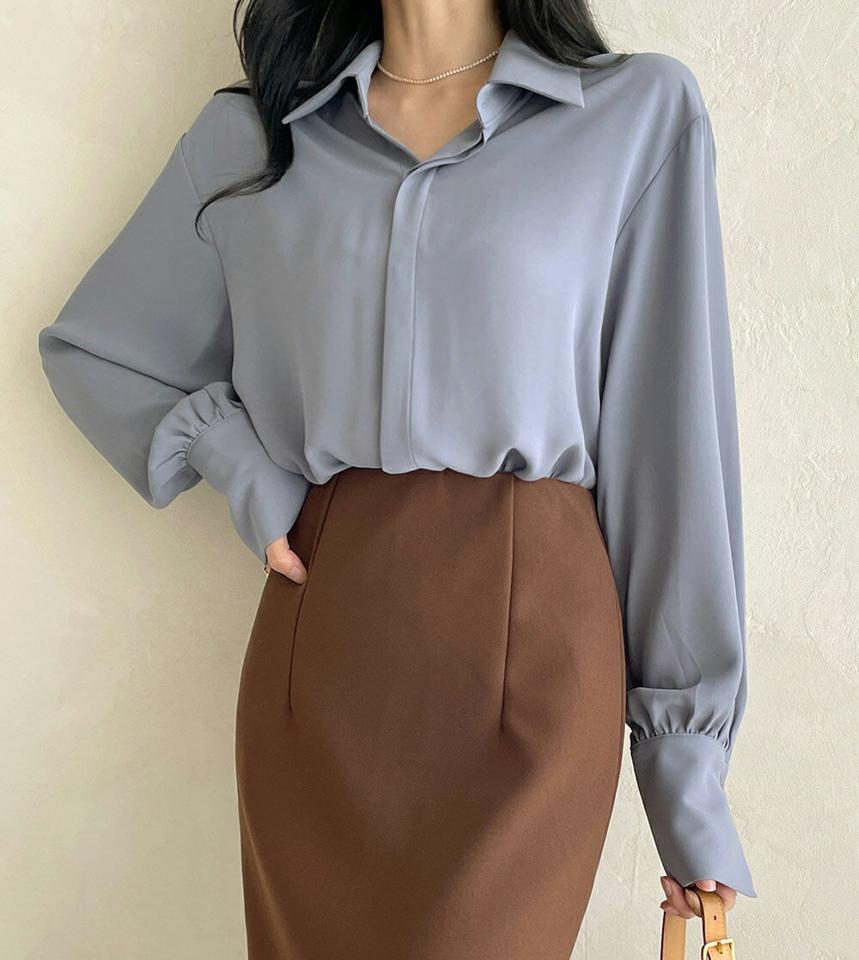 ギャザーカラーブラウス・b72643 レディース 【bl】ブラウス トップス 長袖 単色 無地 シンプル ベーシック 襟 えり ギャザー 上品 オフィスカジュアル きれいめ 大人 かわいい 可愛い 青 ブルー 韓国ファッション ハイホリHIHOLLI