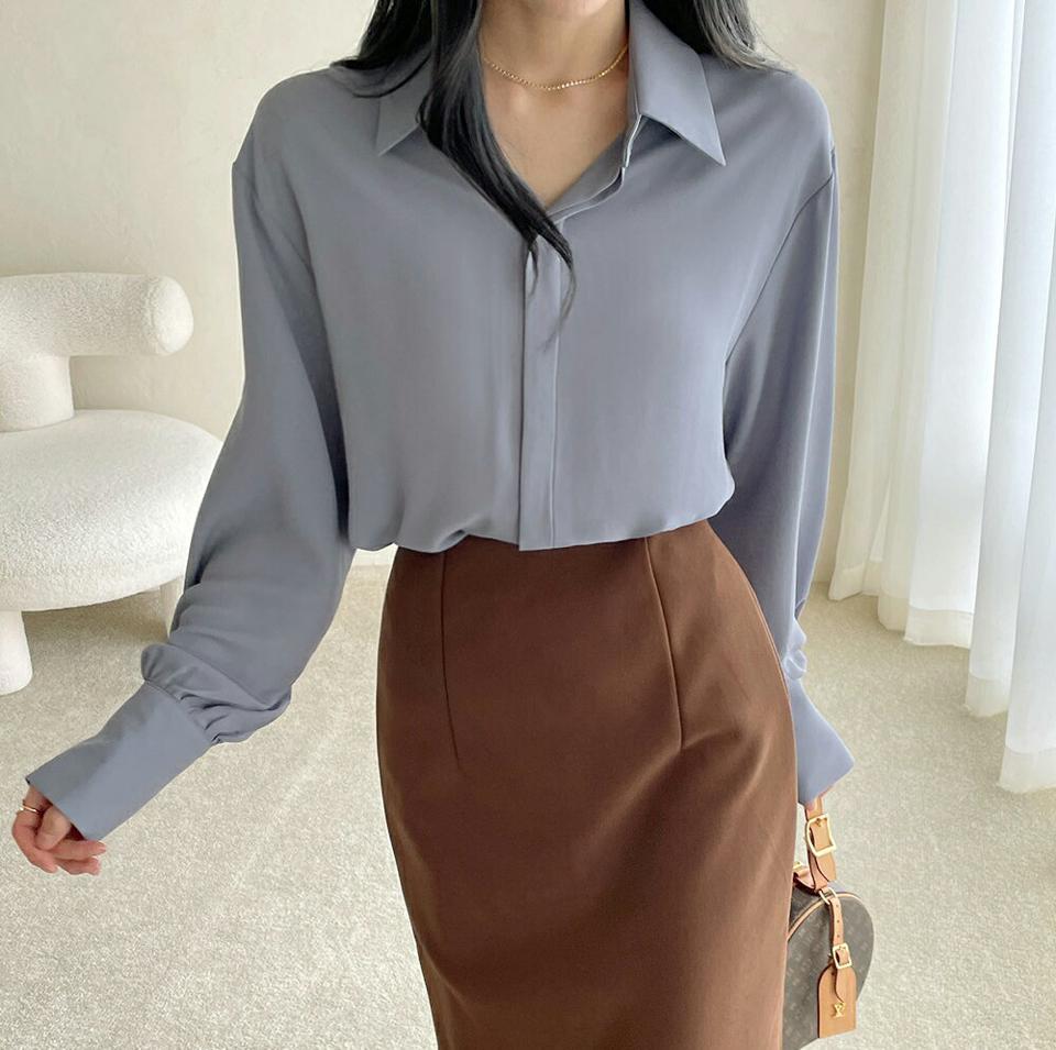 ギャザーカラーブラウス・b72643 レディース 【bl】ブラウス トップス 長袖 単色 無地 シンプル ベーシック 襟 えり ギャザー 上品 オフィスカジュアル きれいめ 大人 かわいい 可愛い 青 ブルー 韓国ファッション ハイホリHIHOLLI