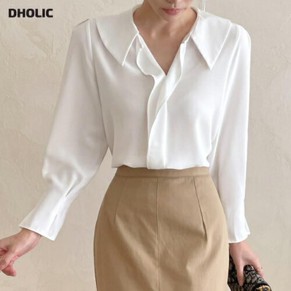 スリットカラーフリルブラウス・t72642 レディース 【bl】ブラウス トップス 長袖 単色 無地 シンプル ベーシック 襟コン 襟 Vネック 鎖骨 デコルテ スリット フリル 上品 タック パフ 秋 冬 フェミニン 年上 高見え 韓国ファッション HIHOLLI 人気