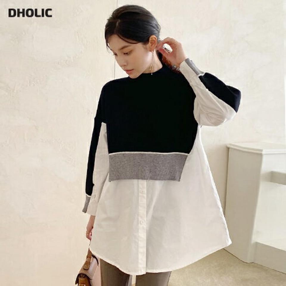 シャツレイヤード配色ニット・b72641 レディース 【tops】トップス 長袖 レイヤード ドッキング ハーフネック ロング丈 リブ スリット フレア 体型カバー ゆったり 秋 冬 インしない プルオーバー チュニック 異素材ミックス 韓国ファッション ハイホリHIHOLLI