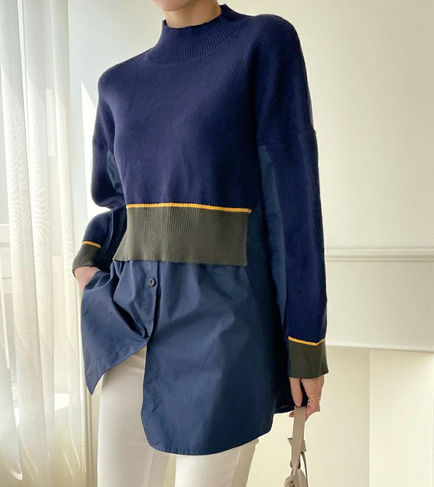 シャツレイヤード配色ニット・b72641 レディース 【tops】トップス 長袖 レイヤード ドッキング ハーフネック ロング丈 リブ スリット フレア 体型カバー ゆったり 秋 冬 インしない プルオーバー チュニック 異素材ミックス 韓国ファッション ハイホリHIHOLLI