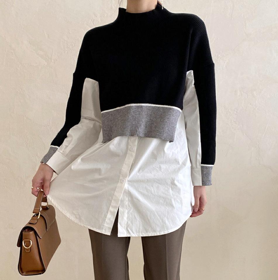シャツレイヤード配色ニット・b72641 レディース 【tops】トップス 長袖 レイヤード ドッキング ハーフネック ロング丈 リブ スリット フレア 体型カバー ゆったり 秋 冬 インしない プルオーバー チュニック 異素材ミックス 韓国ファッション ハイホリHIHOLLI