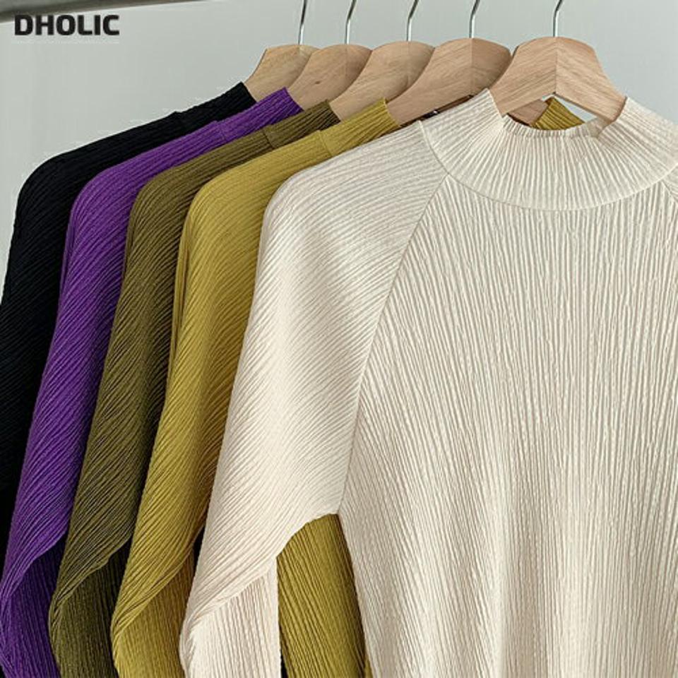 リンクルハーフネックブラウス・b72644 レディース 【bl】ブラウス ハーフネック 長袖 単色 柄 模様 リンクル リブ ラグラン 上品 かわいい 可愛い 秋 冬 カジュアル ゆったり ユニーク 大人 ベーシック 白 韓国ファッション ハイホリHIHOLLI