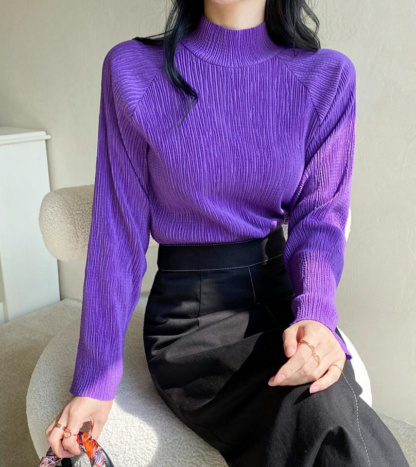 リンクルハーフネックブラウス・b72644 レディース 【bl】ブラウス ハーフネック 長袖 単色 柄 模様 リンクル リブ ラグラン 上品 かわいい 可愛い 秋 冬 カジュアル ゆったり ユニーク 大人 ベーシック 白 韓国ファッション ハイホリHIHOLLI