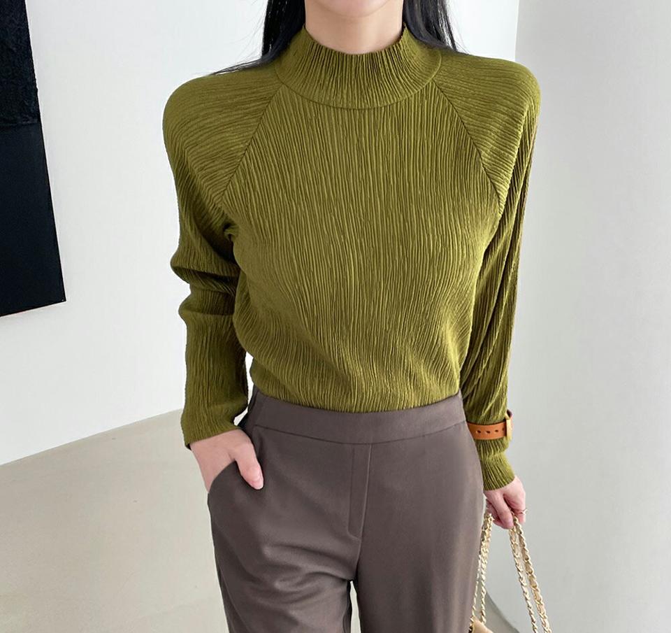 リンクルハーフネックブラウス・b72644 レディース 【bl】ブラウス ハーフネック 長袖 単色 柄 模様 リンクル リブ ラグラン 上品 かわいい 可愛い 秋 冬 カジュアル ゆったり ユニーク 大人 ベーシック 白 韓国ファッション ハイホリHIHOLLI