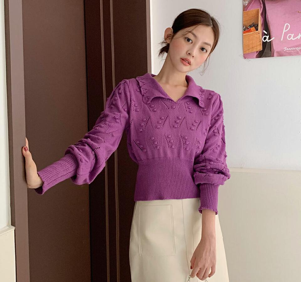 ポンポンカラーパンチングニット・b01220 レディース 【tops】トップス ニット 長袖 ポンポン ぽこぽこ テクスチャ ポロ襟 ユニーク かわいい 可愛い 袖コン リブ 単色 立体的 クロップド丈 パンチング 春 秋 韓国ファッション 人気