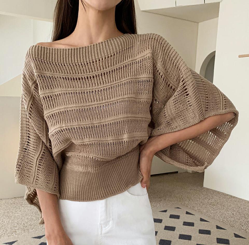 2WAYシアークロップドニット・t01225 レディース 【tops】トップス ニット 七分袖 7分袖 七分丈 7分丈 シアー 透け感 クロップド丈 ドルマンスリーブ 大人 年上 カジュアル 体型カバー ゆったり ボートネック アクリル 春 秋 韓国ファッション