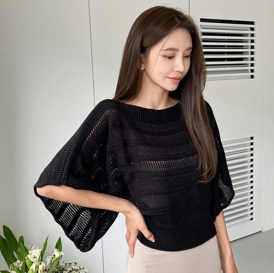 2WAYシアークロップドニット・t01225 レディース 【tops】トップス ニット 七分袖 7分袖 七分丈 7分丈 シアー 透け感 クロップド丈 ドルマンスリーブ 大人 年上 カジュアル 体型カバー ゆったり ボートネック アクリル 春 秋 韓国ファッション