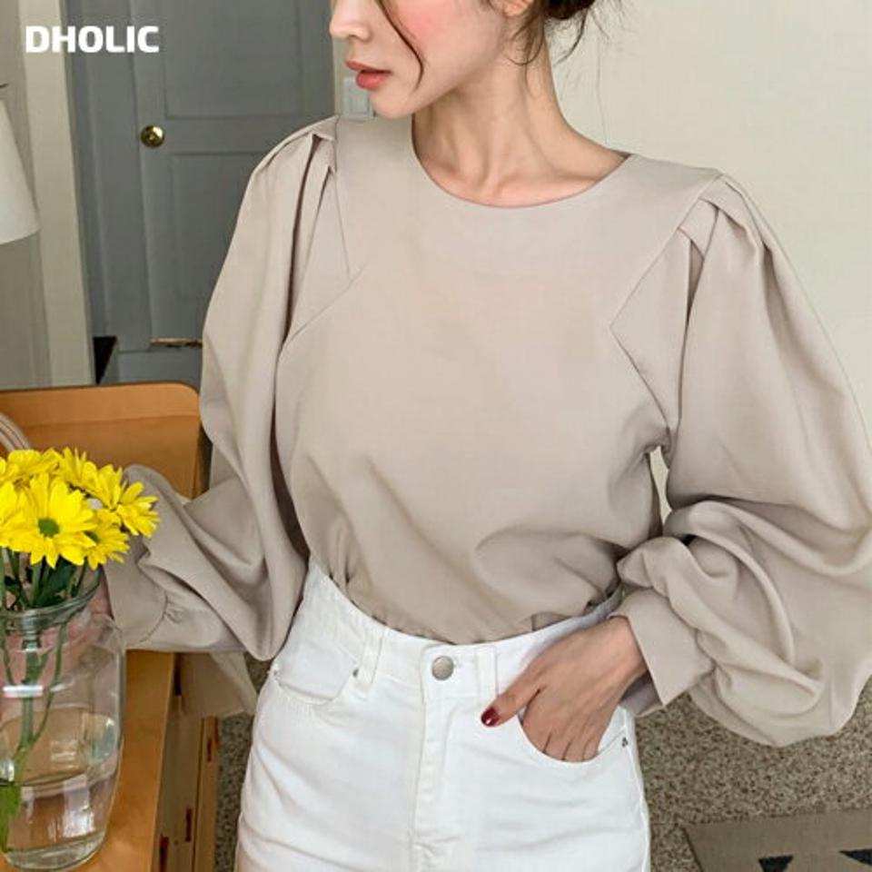 タックパフスリーブブラウス・t01227 レディース 【bl】トップス ブラウス 長袖 パフスリーブ ラウンドネック 単色 無地 シンプル きれいめ 年上 パフスリーブ タック ボリューム袖 二の腕カバー 透け感 シアー オフィス 春 秋 韓国ファッション 人気