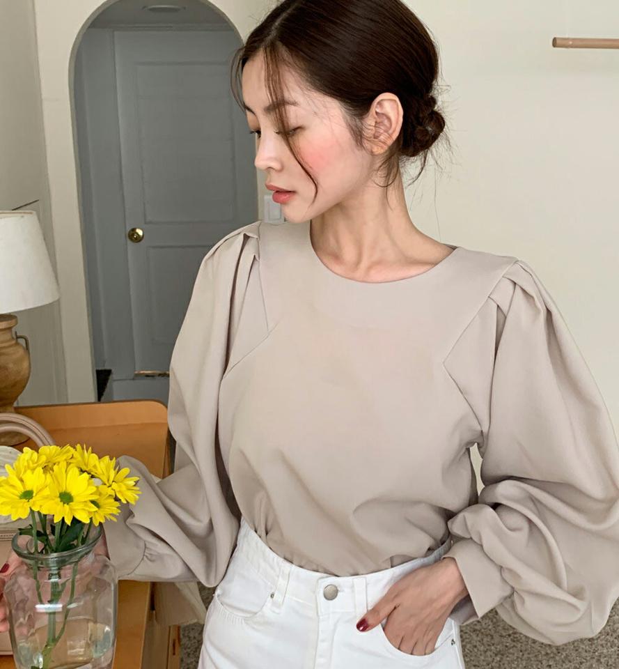 タックパフスリーブブラウス・t01227 レディース 【bl】トップス ブラウス 長袖 パフスリーブ ラウンドネック 単色 無地 シンプル きれいめ 年上 パフスリーブ タック ボリューム袖 二の腕カバー 透け感 シアー オフィス 春 秋 韓国ファッション 人気