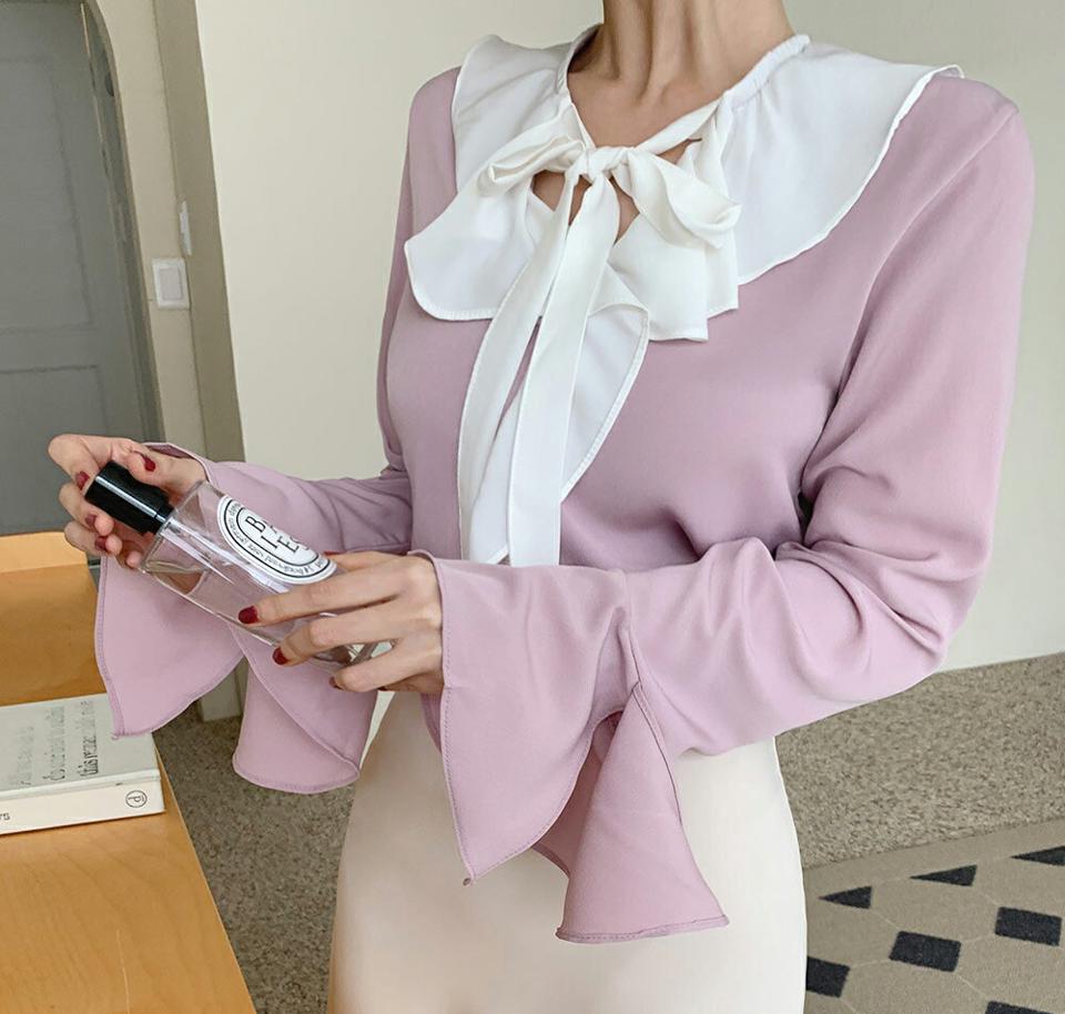 配色リボンベルスリーブブラウス・t01226 レディース 【bl】トップス ブラウス 長袖 りぼん ベルスリーブ 袖コン ガーリー かわいい 大人 フリル Vネック りぼん フェミニン デコラティブ フレンチ 配色 ボリューム 骨格ウェーブ 春 バイカラー 秋 韓国ファッション