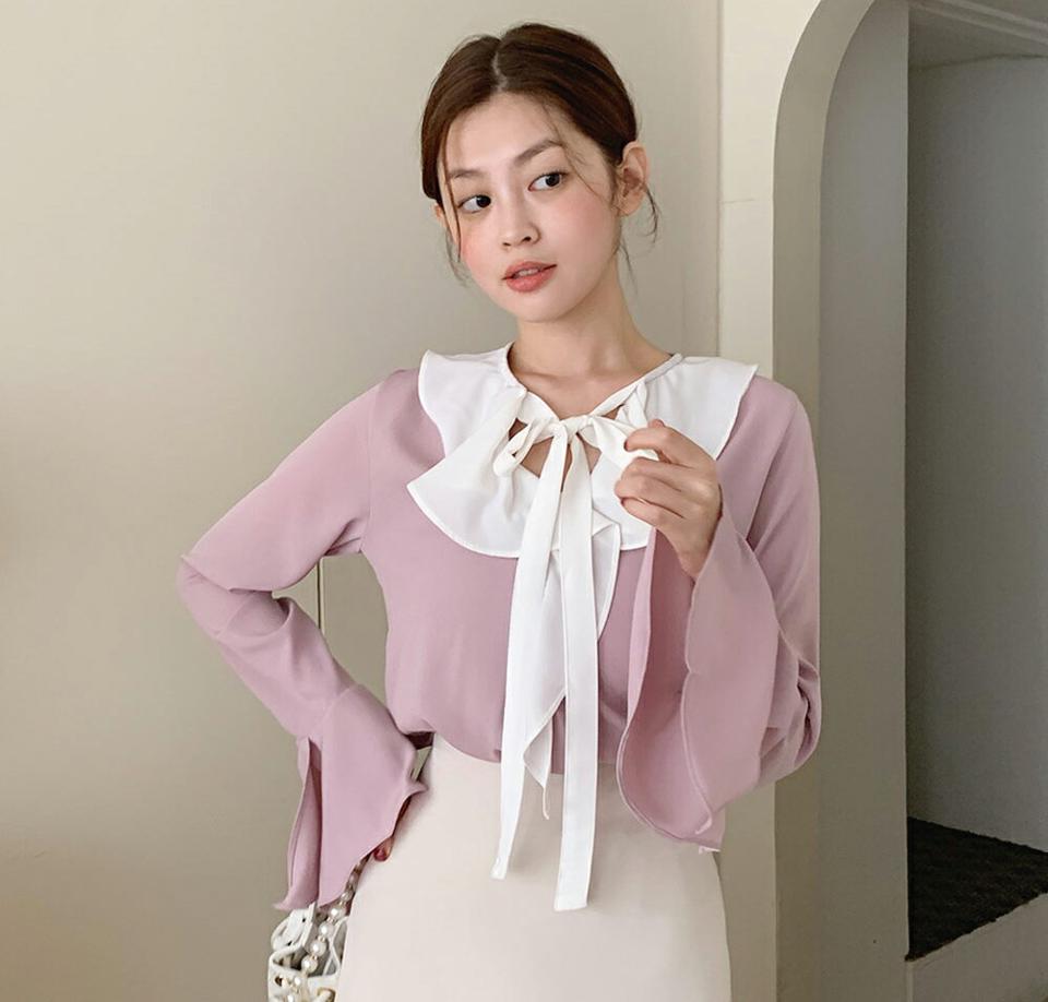 配色リボンベルスリーブブラウス・t01226 レディース 【bl】トップス ブラウス 長袖 りぼん ベルスリーブ 袖コン ガーリー かわいい 大人 フリル Vネック りぼん フェミニン デコラティブ フレンチ 配色 ボリューム 骨格ウェーブ 春 バイカラー 秋 韓国ファッション
