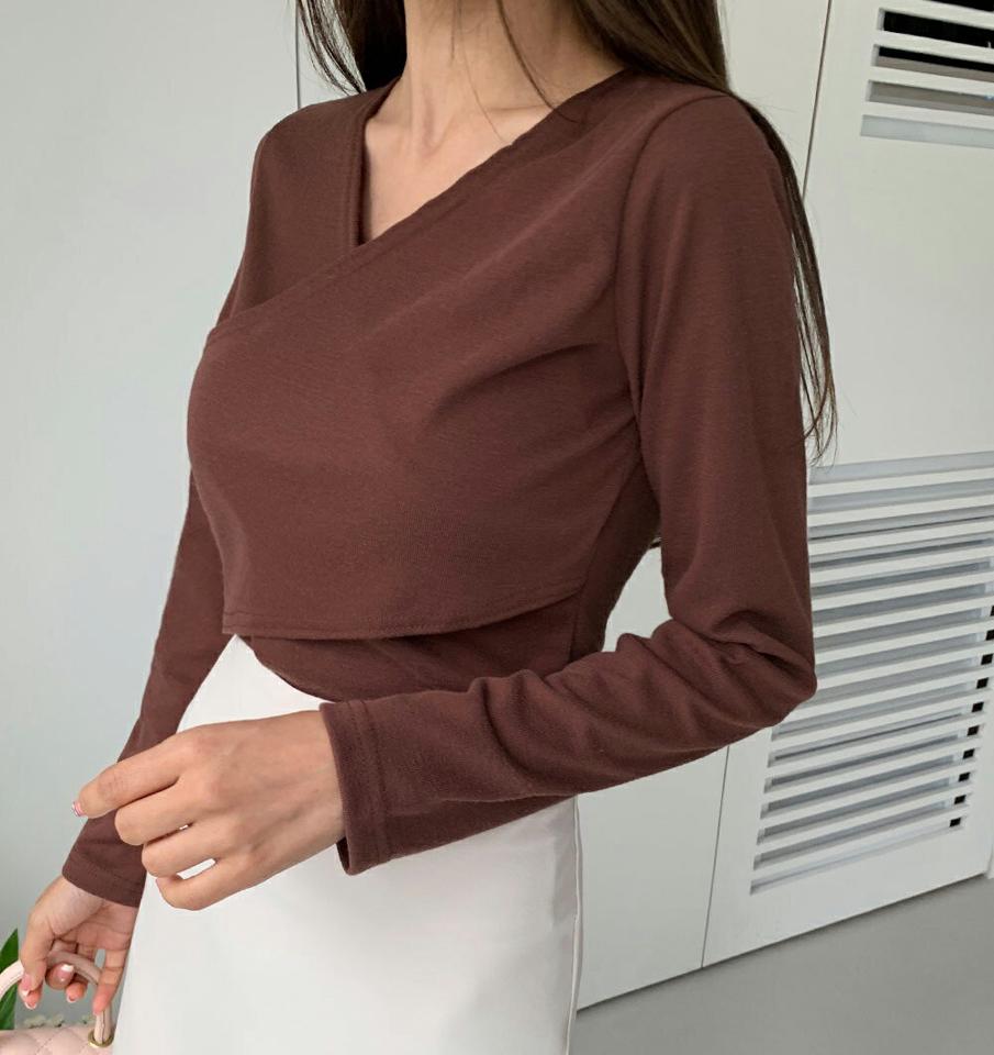 クロスVネックTシャツ・t01223 レディース 【tops】トップス Tシャツ 長袖 クロス ロンT Vネック 単色 無地 シンプル 大人 茶色 ブラウン タイト 春 秋 韓国ファッション 人気