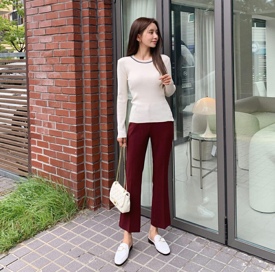 配色サイドボタンニット・b01222 レディース 【tops】トップス ニット 長袖 サイドボタン ラウンドネック スリット リブ スリム ワインレッド 赤 大人 年上 カジュアル カラーニット クリスマス 春 秋 韓国ファッション