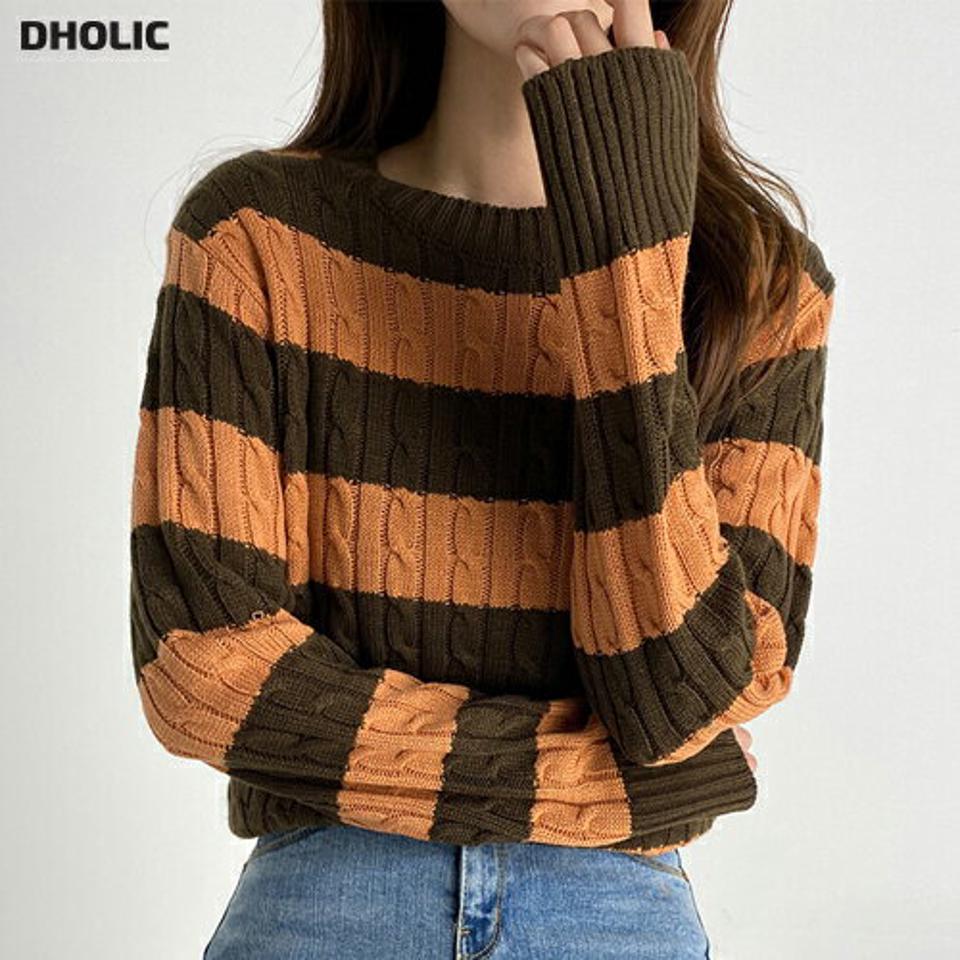 ボーダーケーブルニット・b03313 レディース 【tops】トップス ニット 長袖 ケーブル編み ボーダー柄 カジュアル アクリル ラウンドネック 茶色 オレンジ ブラウン カラーニット ハロウィン 春 秋 韓国ファッション